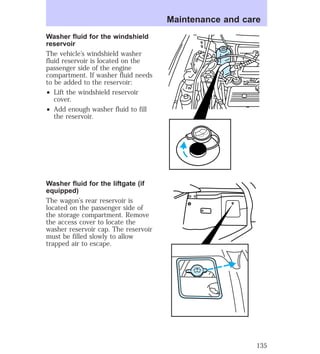 Washer fluid for the windshield 
reservoir 
The vehicle’s windshield washer 
fluid reservoir is located on the 
passenger side of the engine 
compartment. If washer fluid needs 
to be added to the reservoir: 
² Lift the windshield reservoir 
cover. 
² Add enough washer fluid to fill 
the reservoir. 
Washer fluid for the liftgate (if 
equipped) 
The wagon’s rear reservoir is 
located on the passenger side of 
the storage compartment. Remove 
the access cover to locate the 
washer reservoir cap. The reservoir 
must be filled slowly to allow 
trapped air to escape. 
Maintenance and care 
135 
 