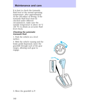 It is best to check the transaxle 
fluid level at the normal operating 
temperature, after approximately 
35 km (20 miles) of driving. If the 
transaxle fluid level must be 
checked under different 
circumstances, make sure the 
outside temperature is above 10 °C 
(50 °F) to obtain an accurate fluid 
level check. 
Checking the automatic 
transaxle fluid 
1. Park the vehicle on a level 
surface. 
2. With the vehicle running and the 
brake pedal depressed, move the 
gearshift through each of the gear 
ranges, allowing each gear to 
engage. 
3. Move the gearshift to P. 
P 
R 
N 
D 
D 
L 
P 
R 
N 
D 
D 
L 
ON 
II 
ACC 
I 
LOCK 
0 
START 
III 
Maintenance and care 
140 
 