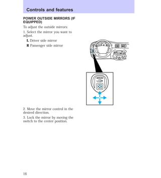 POWER OUTSIDE MIRRORS (IF 
EQUIPPED) 
To adjust the outside mirrors: 
1. Select the mirror you want to 
adjust. 
L Driver side mirror 
R Passenger side mirror 
2. Move the mirror control in the 
desired direction. 
3. Lock the mirror by moving the 
switch to the center position. 
40 
30 
E F C H 
MIST 
OFF 
OFF2 
MIRRORS 
L R 
HI 
SEEK 
TUNE SCAN 
LO 
OFF 
*A/C 
*MAX 
A/C 
TUNE 
DISCS 
EJ REW FF 
BASS TREB 
BAL 
FADE 
TAPE 
CD 
AM 
FM 
– + 
1 
SIDE 1-2 
2 
3 4 
5 
COMP 
1 
SIDE 1-2 
VOL– 
PUSH ON 
MIRROR 
L 
R 
0 0 0 0 0 0 
0 0 0 
20 
50 60 70 
80 
90 
100 
110 20 
40 
60 
80 
100 
120 
140 
160 
180 
FUEL FILL 
1/2 2 
1 
3 
RPM x 1000 
RESET 
SET 
ACC 
SET 
XXXX 
XXX 
INT 
1 
Controls and features 
16 
 