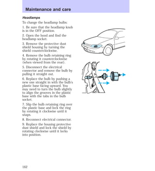 Maintenance and care 
Headlamps 
To change the headlamp bulbs: 
1. Be sure that the headlamp knob 
is in the OFF position. 
2. Open the hood and find the 
headlamp socket. 
3. Remove the protective dust 
shield housing by turning the 
shield counterclockwise. 
4. Remove the bulb retaining ring 
by rotating it counterclockwise 
(when viewed from the rear). 
5. Disconnect the electrical 
connector and remove the bulb by 
pulling it straight out. 
6. Replace the bulb by pushing a 
new one straight in with the bulb’s 
plastic base facing upward. You 
may need to turn the bulb slightly 
to align the grooves in the plastic 
base with the tabs in the bulb 
socket. 
7. Slip the bulb retaining ring over 
the plastic base and lock the ring 
by rotating it clockwise until it 
snaps. 
8. Reconnect electrical connector. 
9. Replace the housing protective 
dust shield and lock the shield by 
rotating clockwise until it locks 
into position. 
162 
 