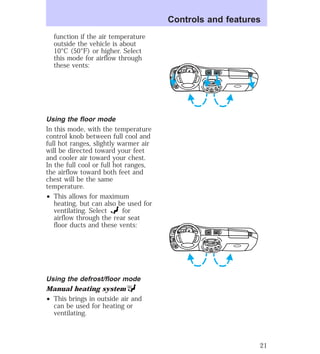 function if the air temperature 
outside the vehicle is about 
10°C (50°F) or higher. Select 
this mode for airflow through 
these vents: 
Using the floor mode 
In this mode, with the temperature 
control knob between full cool and 
full hot ranges, slightly warmer air 
will be directed toward your feet 
and cooler air toward your chest. 
In the full cool or full hot ranges, 
the airflow toward both feet and 
chest will be the same 
temperature. 
² This allows for maximum 
heating, but can also be used for 
ventilating. Select for 
airflow through the rear seat 
floor ducts and these vents: 
Using the defrost/floor mode 
Manual heating system 
² This brings in outside air and 
can be used for heating or 
ventilating. 
Controls and features 
HI 
SEEK 
TUNE SCAN 
LO 
OFF 
*A/C 
*MAX 
A/C 
TUNE 
DISCS 
EJ REW FF 
BASS TREB 
BAL 
FADE 
TAPE 
CD 
AM 
FM 
– + 
1 
SIDE 1-2 
2 
3 4 
5 
COMP 
1 
SIDE 1-2 
VOL– 
PUSH ON 
MIRROR 
L 
R 
0 0 0 0 0 0 
0 0 0 
40 
30 
20 
50 60 70 
80 
90 
100 
110 20 
40 
60 
80 
100 
120 
140 
160 
180 
E F C H 
FUEL FILL 
1/2 2 
1 
3 
RPM x 10 0 
RESET 
SET 
ACC 
SET 
XXXX 
OF 
XXX 
HI 
SEEK 
TUNE SCAN 
LO 
OFF 
*A/C 
*MAX 
A/C 
TUNE 
DISCS 
EJ REW FF 
BASS TREB 
BAL 
FADE 
TAPE 
CD 
AM 
FM 
– + 
1 
SIDE 1-2 
2 
3 4 
5 
COMP 
1 
SIDE 1-2 
VOL– 
PUSH ON 
MIRROR 
L 
R 
0 0 0 0 0 0 
0 0 0 
40 
30 
20 
50 60 70 
80 
90 
100 
110 20 
40 
60 
80 
100 
120 
140 
160 
180 
E F C H 
FUEL FILL 
1/2 2 
1 
3 
RPM x 10 0 
RESET 
SET 
ACC 
SET 
XXXX 
OF 
XXX 
21 
 