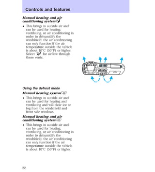 Manual heating and air 
conditioning system 
² This brings in outside air and 
can be used for heating, 
ventilating, or air conditioning in 
order to dehumidify the 
windshield; the air conditioning 
can only function if the air 
temperature outside the vehicle 
is about 10°C (50°F) or higher. 
Select for airflow through 
these vents: 
Using the defrost mode 
Manual heating system 
² This brings in outside air and 
can be used for heating and 
ventilating and will clear ice or 
fog from the windshield and 
front side windows. 
Manual heating and air 
conditioning system 
² This brings in outside air and 
can be used for heating, 
ventilating, or air conditioning in 
order to dehumidify the 
windshield; the air conditioning 
can only function if the air 
temperature outside the vehicle 
is about 10°C (50°F) or higher. 
HI 
SEEK 
TUNE SCAN 
LO 
OFF 
*A/C 
*MAX 
A/C 
TUNE 
DISCS 
EJ REW FF 
BASS TREB 
BAL 
FADE 
TAPE 
CD 
AM 
FM 
– + 
1 
SIDE 1-2 
2 
3 4 
5 
COMP 
1 
SIDE 1-2 
VOL– 
PUSH ON 
MIRROR 
L 
R 
0 0 0 0 0 0 
0 0 0 
40 
30 
20 
50 60 70 
80 
90 
100 
110 20 
40 
60 
80 
100 
120 
140 
160 
180 
E F C H 
FUEL FILL 
1/2 2 
1 
3 
RPM x 10 0 
RESET 
SET 
ACC 
SET 
XXXX 
OF 
XXX 
Controls and features 
22 
 