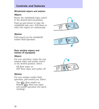 Windshield wipers and washer 
Wipers 
Rotate the windshield wiper switch 
to the desired interval position. 
Push up and release to wipe the 
windshield only once. Pull down to 
select the wipers on continuously. 
Washer 
Pull toward you for windshield 
washer fluid operation. 
Rear window wipers and 
washer (if equipped) 
Wipers 
For rear operation, rotate the rear 
window wiper and washer switch 
to the desired position. Select: 
ON Rear wiper on 
OFF Rear wiper and washer off 
Washer 
For rear window washer fluid 
operation, pull toward you. Select: 
Top Rear washer on 
Bottom Brief rear wiper 
and washer operation (for quick 
cleaning). 
PULL 
INT 
MIST 
OFF 
INT 
1 
2 
PULL 
INT 
MIST 
OFF 
INT 
1 
2 
PULL 
INT 
MIST 
OFF 
INT 
1 
2 
ON 
OFF 
Controls and features 
30 
 