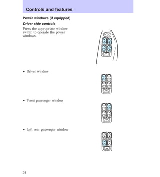 Power windows (if equipped) 
Driver side controls 
Press the appropriate window 
switch to operate the power 
windows. 
² Driver window 
² Front passenger window 
² Left rear passenger window 
L U 
LOCK 
LOCK 
LOCK 
LOCK 
Controls and features 
34 
 