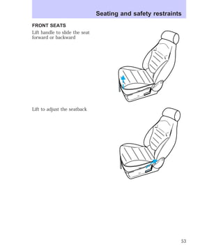 FRONT SEATS 
Lift handle to slide the seat 
forward or backward 
Lift to adjust the seatback 
Seating and safety restraints 
53 
 