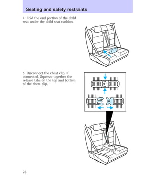 Seating and safety restraints 
4. Fold the end portion of the child 
seat under the child seat cushion. 
5. Disconnect the chest clip, if 
connected. Squeeze together the 
release tabs on the top and bottom 
of the chest clip. 
78 
 