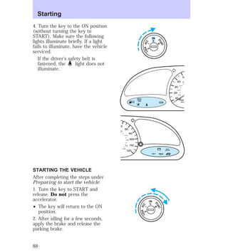 4. Turn the key to the ON position 
(without turning the key to 
START). Make sure the following 
lights illuminate briefly. If a light 
fails to illuminate, have the vehicle 
serviced. 
If the driver’s safety belt is 
fastened, the light does not 
illuminate. 
STARTING THE VEHICLE 
After completing the steps under 
Preparing to start the vehicle: 
1. Turn the key to START and 
release. Do not press the 
accelerator. 
² The key will return to the ON 
position. 
2. After idling for a few seconds, 
apply the brake and release the 
parking brake. 
ON 
II 
ACC 
I 
LOCK 
0 
START 
III 
MP 
km/ 
40 
30 
20 
40 
10 
5 
60 
20 
80 
SERVICE 
ENGINE 
LOW SOON 
FUEL ABS 
0 
80 
90 
100 
110 
140 
120 
120 
160 
180 
200 CHECK 
COOLANT 
THEFT 
ON 
II 
ACC 
I 
LOCK 
0 
START 
III 
Starting 
88 
 