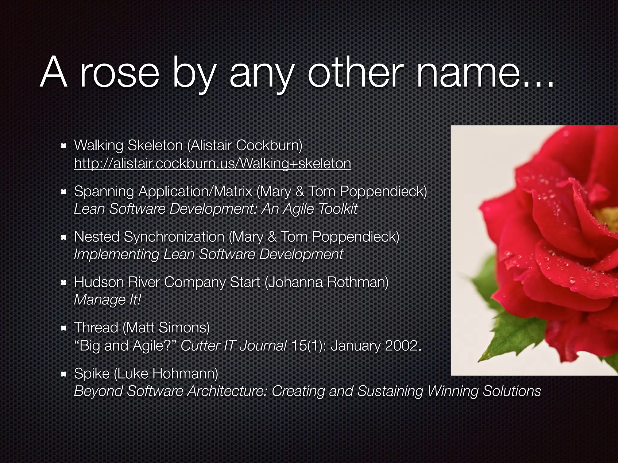 A rose by any other name... Walking Skeleton (Alistair Cockburn)  http://alistair.cockburn.us/Walking+skeleton Spanning Application/Matrix (Mary & Tom Poppendieck)  Lean Software Development: An Agile Toolkit Nested Synchronization (Mary & Tom Poppendieck)  Implementing Lean Software Development Hudson River Company Start (Johanna Rothman)  Manage It! Thread (Matt Simons)  “Big and Agile?” Cutter IT Journal 15(1): January 2002. Spike (Luke Hohmann)  Beyond Software Architecture: Creating and Sustaining Winning Solutions 