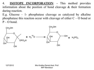 4.   ISOTOPE INCORPORATION: - This method provides
information about the position of bond cleavage & their formation
during reaction.
E.g. Glucose – 1- phosphatase cleavage as catalyzed by alkaline
phosphatase this reaction occur with cleavage of either C – O bond or
P – O bond.
                                                CH2OH
  CH2OH

                                                         O
          O
                         18                                     OH
  OH                +   H2 O                     OH
                                                                     +   H2PO 4
               OPO 3H
                                             OH
OH
                                                          OH
          OH




  12/7/2012                    Mrs Kratika Daniel,Asst. Prof.
                                      MIP Mandsaur
 