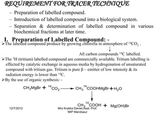 REQUIREMENT FOR TRACER TECHNIQUE
    – Preparation of labelled compound.
    – Introduction of labelled compound into a biological system.
    – Separation & determination of labelled compound in various
      biochemical fractions at later time.
 I. Preparation of Labelled Compound: -
The labelled compound produce by growing chlorella in atmosphere of 14CO2 .

                                           All carbon compounds 14C labelled.
The 3H (tritium) labelled compound are commercially available. Tritium labelling is
 effected by catalytic exchange in aqueous media by hydrogenation of unsaturated
 compound with tritium gas. Tritium is pure β – emitter of low intensity & its
 radiation energy is lower than 14C.
By the use of organic synthesis: -
                                                   14
                CH3MgBr   + 14CO2            CH3 COOHMgBr            + H2O
                                                    14
    12/7/2012
                                               CH3 COOH
                                Mrs Kratika Daniel,Asst. Prof.
                                                                 +   Mg(OH)Br
                                       MIP Mandsaur
 