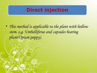 Direct injection
• This method is applicable to the plant with hollow
stem. e.g. Umbelliferae and capsules bearing
plant(Opium poppy).
 