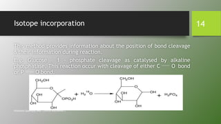Isotope incorporation
This method provides information about the position of bond cleavage
& their information during reaction.
E.g. Glucose – 1 - phosphate cleavage as catalysed by alkaline
phosphatase. This reaction occur with cleavage of either C O bond
or P O bond.
Himanshu Upadhyay (MSc. Clinical Biochemist.)
14
 