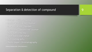 Separation & detection of compound
• Geiger – Muller counter
• Liquid Scintillation counter
• Gas ionization chamber
• Bernstein – Bellentine counter
• Mass spectroscopy
• NMR electrode-meter
• Autoradiography
• Radio paper chromatography
Himanshu Upadhyay (MSc. Clinical Biochemist.)
9
 