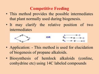 Competitive Feeding
• This method provides the possible intermediates
that plant normally used during biogenesis.
• It may clarify the relative position of two
intermediates
• Application: - This method is used for elucidation
of biogenesis of propane alkaloids.
• Biosynthesis of hemlock alkaloids (conline,
conhydrine etc) using 14C labeled compounds
 