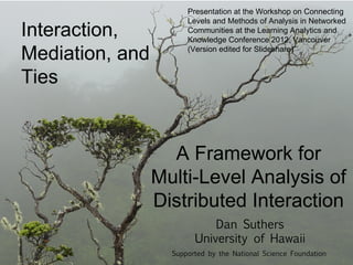 Presentation at the Workshop on Connecting
                       Levels and Methods of Analysis in Networked
Interaction,           Communities at the Learning Analytics and
                       Knowledge Conference 2012, Vancouver

Mediation, and         (Version edited for Slideshare)



Ties


                   A Framework for
                 Multi-Level Analysis of
                 Distributed Interaction
                             Dan Suthers
                         University of Hawaii
                   Supported by the National Science Foundation
 