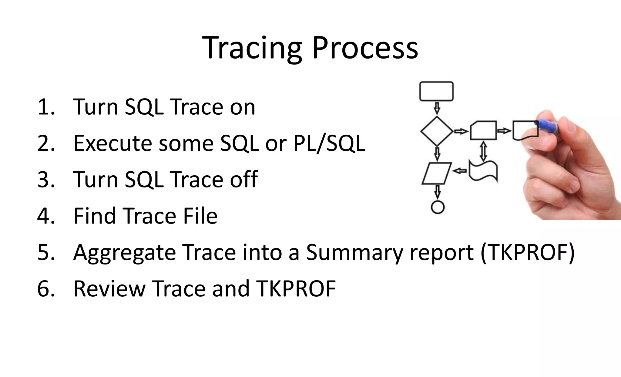 Tracing Process 1. Turn SQL Trace on 2. Execute some SQL or PL/SQL 3. Turn SQL Trace off 4. Find Trace File 5. Aggregate Trace into a Summary report (TKPROF) 6. Review Trace and TKPROF 
