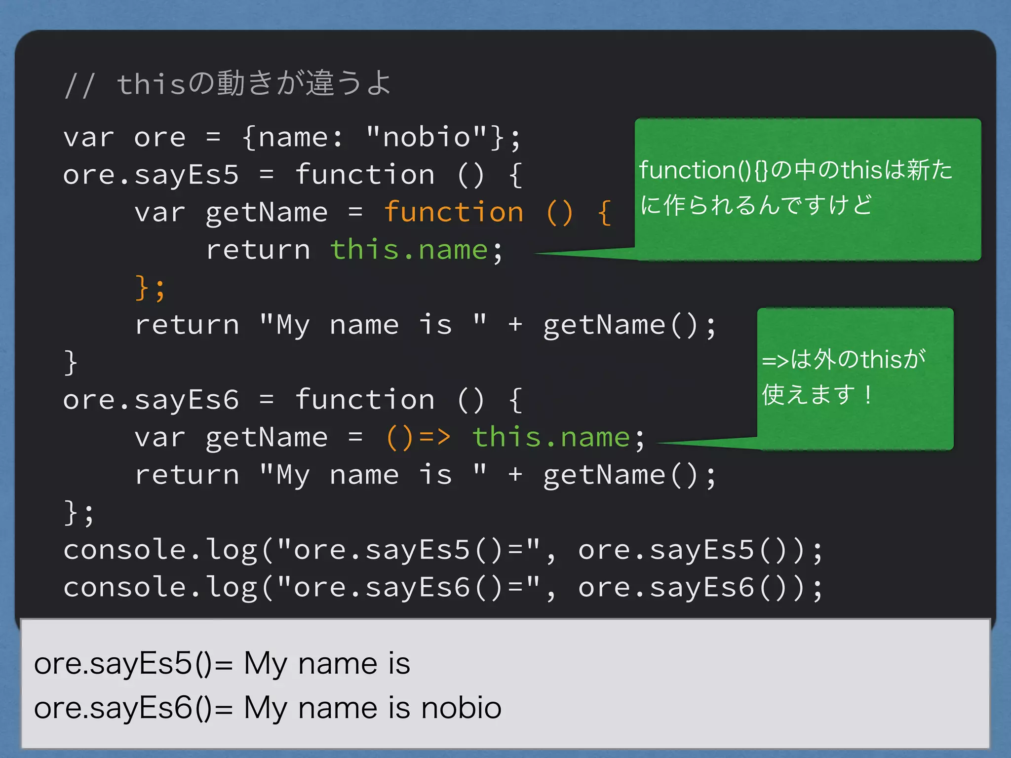 // thisの動きが違うよ
var ore = {name: "nobio"};
ore.sayEs5 = function () {
var getName = function () {
return this.name;
};
return "My name is " + getName();
}
ore.sayEs6 = function () {
var getName = ()=> this.name;
return "My name is " + getName();
};
console.log("ore.sayEs5()=", ore.sayEs5());
console.log("ore.sayEs6()=", ore.sayEs6());
ore.sayEs5()= My name is
ore.sayEs6()= My name is nobio
"
function(){}の中のthisは新た
に作られるんですけど
"
=>は外のthisが
使えます！
 