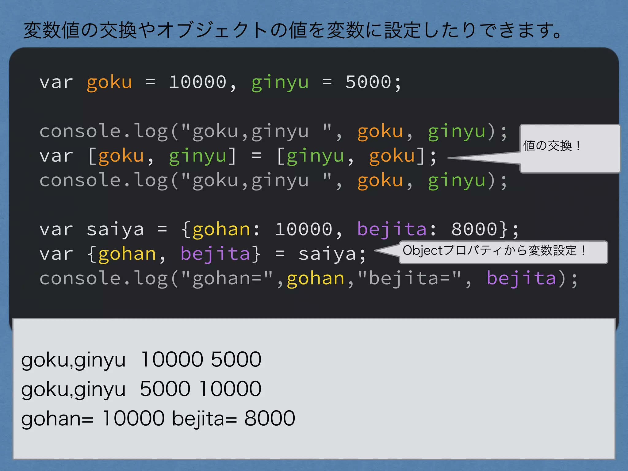 var goku = 10000, ginyu = 5000;
"
console.log("goku,ginyu ", goku, ginyu);
var [goku, ginyu] = [ginyu, goku];
console.log("goku,ginyu ", goku, ginyu);
"
var saiya = {gohan: 10000, bejita: 8000};
var {gohan, bejita} = saiya;
console.log("gohan=",gohan,"bejita=", bejita);
変数値の交換やオブジェクトの値を変数に設定したりできます。
goku,ginyu 10000 5000
goku,ginyu 5000 10000
gohan= 10000 bejita= 8000
値の交換！
Objectプロパティから変数設定！
 