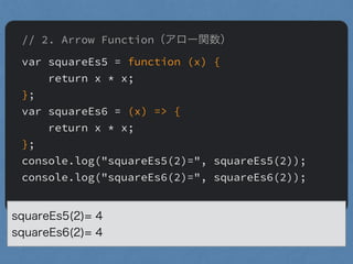 // 2. Arrow Function（アロー関数）
var squareEs5 = function (x) {
return x * x;
};
var squareEs6 = (x) => {
return x * x;
};
console.log("squareEs5(2)=", squareEs5(2));
console.log("squareEs6(2)=", squareEs6(2));
squareEs5(2)= 4
squareEs6(2)= 4
 