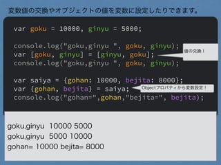 var goku = 10000, ginyu = 5000;
"
console.log("goku,ginyu ", goku, ginyu);
var [goku, ginyu] = [ginyu, goku];
console.log("goku,ginyu ", goku, ginyu);
"
var saiya = {gohan: 10000, bejita: 8000};
var {gohan, bejita} = saiya;
console.log("gohan=",gohan,"bejita=", bejita);
変数値の交換やオブジェクトの値を変数に設定したりできます。
goku,ginyu 10000 5000
goku,ginyu 5000 10000
gohan= 10000 bejita= 8000
値の交換！
Objectプロパティから変数設定！
 