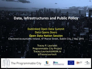 Dublinked Open Data Summit
Data Opens Doors
Open Data Nation Session
Chartered Accountants Ireland, 47 Pearse Street, Dublin City, 7 May 2015
Tracey P. Lauriault
Programmable City Project
Tracey.Lauriault@NUIM.ie
@TraceyLauriault
Data, Infrastructures and Public Policy
 