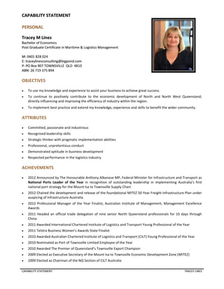 Tracey Lines Capability Statement Serptember 2012