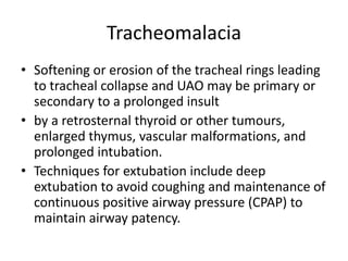 Tracheomalacia 
• Softening or erosion of the tracheal rings leading 
to tracheal collapse and UAO may be primary or 
secondary to a prolonged insult 
• by a retrosternal thyroid or other tumours, 
enlarged thymus, vascular malformations, and 
prolonged intubation. 
• Techniques for extubation include deep 
extubation to avoid coughing and maintenance of 
continuous positive airway pressure (CPAP) to 
maintain airway patency. 
 