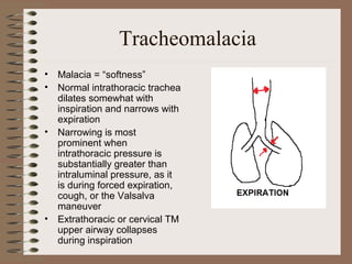 Tracheomalacia
•
•

•

•

Malacia = “softness”
Normal intrathoracic trachea
dilates somewhat with
inspiration and narrows with
expiration
Narrowing is most
prominent when
intrathoracic pressure is
substantially greater than
intraluminal pressure, as it
is during forced expiration,
cough, or the Valsalva
maneuver
Extrathoracic or cervical TM
upper airway collapses
during inspiration

 