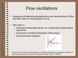Flow oscillations
•

Sequence of alternating decelerations and accelerations of flow,
are often seen on the expiratory curve

•

Also seen in
– redundant pharyngeal tissue, as in obstructive sleep apnea
syndrome,
– structural or functional disorders of the larynx,
– neuromuscular diseases

Vincken W, Cosio MG. Flow oscillations on the flow-volume loop: a nonspecific indicator of
upper airway dysfunction. Bull Eur Physiopathol Respir 1985; 21:559–567

 