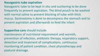 Nasogastric tube aspiration
Nasogastric tube to be kept in situ and suctioning to be done
frequently to prevent aspiration. The blind pouch to be washed
with normal saline to prevent blocking of tube with thick
mucus. Gastrostomy is done to decompress the stomach and to
prevent aspiration and afterwards to feed the infant
Supportive care should include
maintenance of nutritional requirement and warmth,
prevention of infection, antibiotic therapy, respiratory support,
detection and treatment of complications, continuous
monitoring of patient condition, chest physiotherapy and
postural drainage.
 