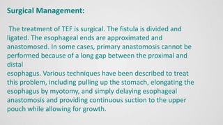 Surgical Management:
The treatment of TEF is surgical. The fistula is divided and
ligated. The esophageal ends are approximated and
anastomosed. In some cases, primary anastomosis cannot be
performed because of a long gap between the proximal and
distal
esophagus. Various techniques have been described to treat
this problem, including pulling up the stomach, elongating the
esophagus by myotomy, and simply delaying esophageal
anastomosis and providing continuous suction to the upper
pouch while allowing for growth.
 