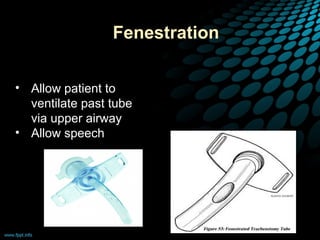 • Allow patient to
ventilate past tube
via upper airway
• Allow speech
Fenestration
 