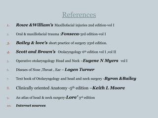 References
1. Rowe &William’s Maxillofacial injuries 2nd edition-vol I
2. Oral & maxillofacial trauma :Fonseca-3rd edition-vol I
3. Bailey & love’s short practice of surgery 23rd edition.
4. Scott and Brown’s Otolaryngology 6th edition vol I ,vol II
5. Operative otolaryngology Head and Neck –Eugene N Myers vol I
6. Diseaes of Nose ,Throat , Ear – Logen Turner
7. Text book of Otolaryngology and head and neck surgery -Byron &Bailey
8. Clinically oriented Anatomy -5th edition –Keith L Moore
9. An atlas of head & neck surgery-Lore’ 3rd edition
10. Internet sources
 