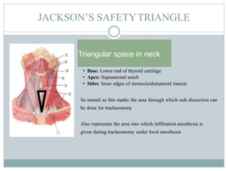 JACKSON’S SAFETYTRIANGLE
Triangular space in neck
• Base: Lower end of thyroid cartilage
• Apex: Suprasternal notch
• Sides: Inner edges of sternocleidomastoid muscle
So named as this marks the area through which safe dissection can
be done for tracheostomy
Also represents the area into which infiltration anesthesia is
given during tracheostomy under local anesthesia
 