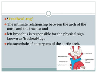 ⚫‘Tracheal-tug’
⚫The intimate relationship between the arch of the
aorta and the trachea and
⚫left bronchus is responsible for the physical sign
known as ‘tracheal-tug’,
⚫characteristic of aneurysms of the aortic arch.
 