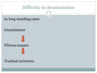 Difficulty in decannulation
In long standing cases
Granulations
Fibrous masses
Tracheal strictures
 