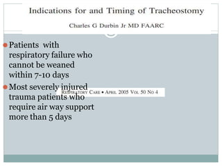 ⚫Patients with
respiratory failure who
cannot be weaned
within 7-10 days
⚫Most severely injured
trauma patients who
require air way support
more than 5 days
 
