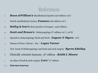 References
1. Rowe &William’s Maxillofacial injuries 2nd edition-vol I
2. Oral & maxillofacial trauma :Fonseca-3rd edition-vol I
3. Bailey & love’s short practice of surgery 23rd edition.
4. Scott and Brown’s Otolaryngology 6th edition vol I ,vol II
5. Operative otolaryngology Head and Neck –Eugene N Myers vol I
6. Diseaes of Nose ,Throat , Ear – Logen Turner
7. Text book of Otolaryngology and head and neck surgery -Byron &Bailey
8. Clinically oriented Anatomy -5th edition –Keith L Moore
9. An atlas of head & neck surgery-Lore’ 3rd edition
10. Internet sources
 