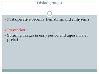 Dislodgement
 Post operative oedema, hematoma and emhysema
 Prevention:
 Suturing flanges in early period and tapes in later
period
 