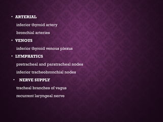 • ARTERIAL
inferior thyroid artery
bronchial arteries
• VENOUS
inferior thyroid venous plexus
• LYMPHATICS
pretracheal and paratracheal nodes
inferior tracheobronchial nodes
• NERVE SUPPLY
tracheal branches of vagus
recurrent laryngeal nerve
 