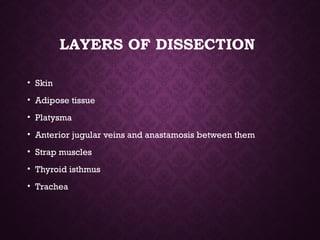 LAYERS OF DISSECTION
• Skin
• Adipose tissue
• Platysma
• Anterior jugular veins and anastamosis between them
• Strap muscles
• Thyroid isthmus
• Trachea
 