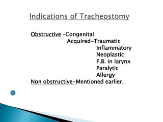 Obstructive –Congenital
Acquired-Traumatic
Inflammatory
Neoplastic
F.B. in larynx
Paralytic
Allergy
Non obstructive-Mentioned earlier.

 