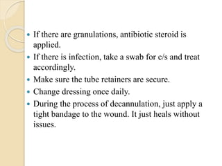  If there are granulations, antibiotic steroid is
applied.
 If there is infection, take a swab for c/s and treat
accordingly.
 Make sure the tube retainers are secure.
 Change dressing once daily.
 During the process of decannulation, just apply a
tight bandage to the wound. It just heals without
issues.
 