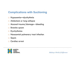Complications with Suctioning
Hypoxemia—dysrhythmia
Atelectasis or lung collapse
Mucosal trauma/damage---bleeding
Broncho spasm
Dysrhythmias
Nosocomial pulmonary tract infection
Sepsis
Cardiac arrest
 