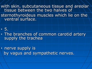 with skin, subcutaneous tissue and areolar
  tissue between the two halves of
sternothyroideus muscles which lie on the
  ventral surface.

•   5.
•   The branches of common carotid artery
    supply the trachea

•   nerve supply is
    by vagus and sympathetic nerves.
 