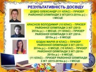 ДУДКО ОЛЕКСАНДР (11 КЛАС) – ПРИЗЕР
РАЙОННОЇ ОЛІМПІАДИ З ІКТ(2013-2014н.р.) –
І МІСЦЕ
КРАСНОВ ВОЛОДИМИР (10 КЛАС) – ПРИЗЕР
РАЙОННОЇ ОЛІМПІАДИ З ІКТ (2013-
2014н.р.) – І МІСЦЕ, (11 КЛАС) – ПРИЗЕР
РАЙОННОЇ ОЛІМПІАДИ З ІКТ (2014-
2015н.р.) – ІІ МІСЦЕ
РЕЗУЛЬТАТИВНІСТЬ ДОСВІДУ
БОДАК МАРІЯ (9 КЛАС) – ПРИЗЕР
РАЙОННОЇ ОЛІМПІАДИ З ІКТ (2013-
2014н.р.) – ІІ МІСЦЕ, (10 КЛАС) – ПРИЗЕР
РАЙОННОЇ ОЛІМПІАДИ З ІКТ (2014-
2015н.р.) – ІІ МІСЦЕ,
(11 КЛАС) – ПРИЗЕР РАЙОННОЇ ОЛІМПІАДИ
З ІКТ (2015-2016н.р.) – І МІСЦЕ
 