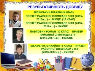БІЛІНСЬКИЙ ВІТАЛІЙ (9 КЛАС)
ПРИЗЕР РАЙОННОЇ ОЛІМПІАДИ З ІКТ (2015-
2016н.р.) – І МІСЦЕ, (10 КЛАС)
ПРИЗЕР РАЙОННОЇ ОЛІМПІАДИ З ІКТ (2016-
2017н.р.) – І МІСЦЕ
ПАВЛОВИЧ РОМАН (10 КЛАС) – ПРИЗЕР
РАЙОННОЇ ОЛІМПІАДИ З ІКТ
(2016-2017н.р.) – ІІ МІСЦЕ
РЕЗУЛЬТАТИВНІСТЬ ДОСВІДУ
ШКАФЕРАК МИХАЙЛО (8 КЛАС) – ПРИЗЕР
РАЙОННОЇ ОЛІМПІАДИ З ІКТ
(2016-2017н.р.) – І МІСЦЕ
 