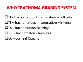WHO TRACHOMA GRADING SYSTEM
TF- Trachomatous Inflammation – Follicular
TI – Trachomatous Inflammation – Intense
TS –Trachomatous Scarring
TT – Trachomatous Trichiasis
CO –Corneal Opacity

 