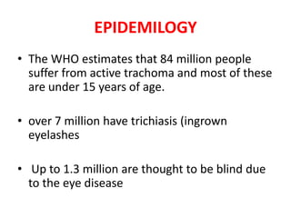 EPIDEMILOGY
• The WHO estimates that 84 million people
suffer from active trachoma and most of these
are under 15 years of age.

• over 7 million have trichiasis (ingrown
eyelashes
• Up to 1.3 million are thought to be blind due
to the eye disease

 