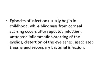 • Episodes of infection usually begin in
childhood, while blindness from corneal
scarring occurs after repeated infection,
untreated inflammation,scarring of the
eyelids, distortion of the eyelashes, associated
trauma and secondary bacterial infection.

 